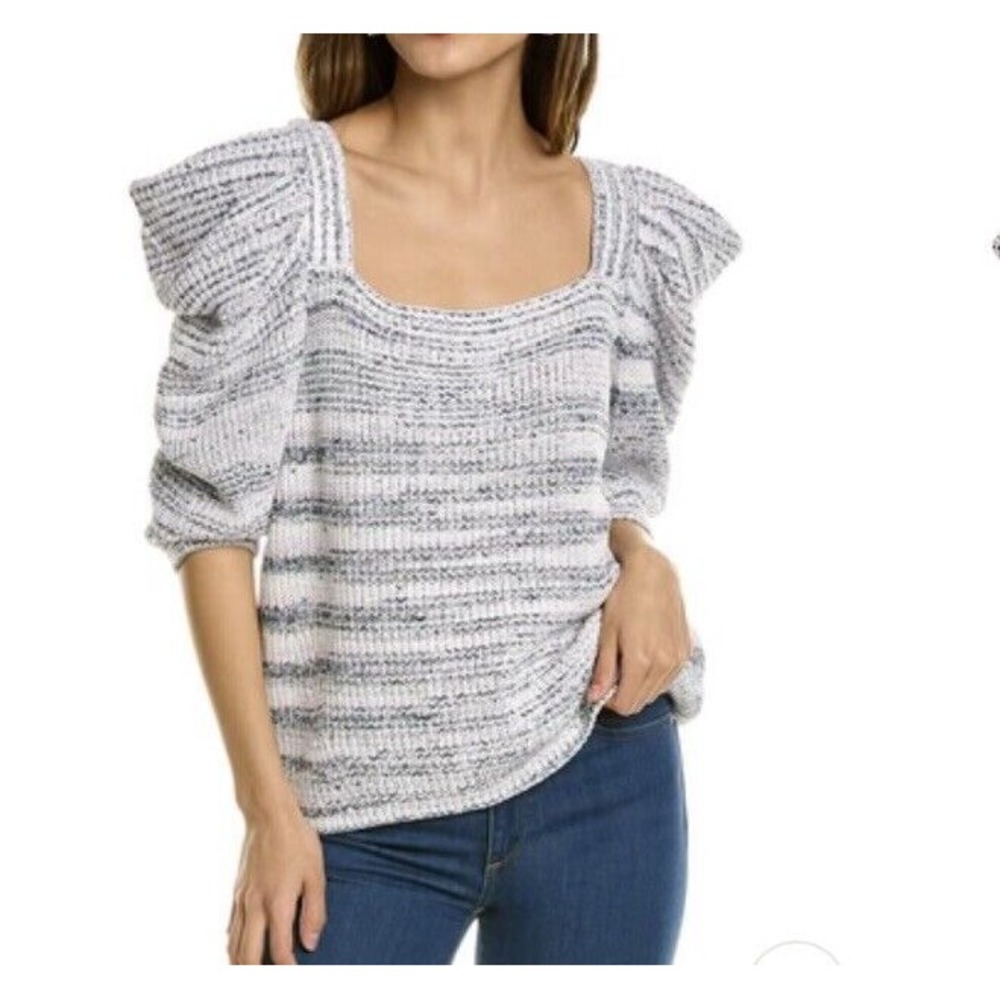 Striped Puff-Sleeve Knit Sweater - White/Grey
